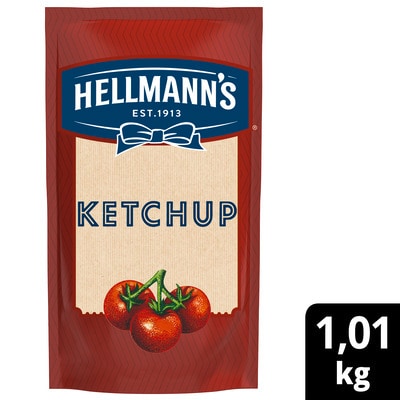 Ketchup Hellmann's Doypack 1,01 kg - Feito com tomates, tem leve acidez e sabor adocicado e é ideal para o preparo de receitas e como acompanhamento.