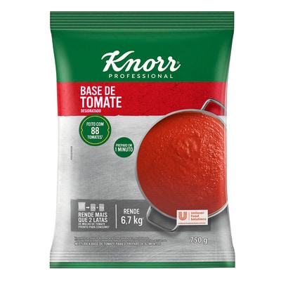 Base de Tomate Desidratado Knorr Professional 750g - Base de tomate desidratado fica pronto em 1 minuto, economizando tempo, gás e energia. Além disso, tem maior durabilidade e ocupa menos espaço em estoque em comparação ao molho feito com tomates.