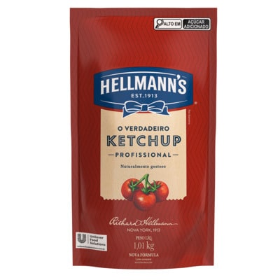 Ketchup Hellmann's Doypack 1,01 kg - Feito com tomates, tem leve acidez e sabor adocicado e é ideal para o preparo de receitas e como acompanhamento.