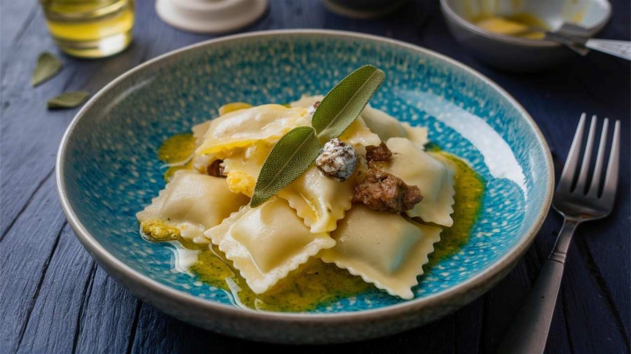 Porção de ravioli servida em bowl de cerâmica azul, regado com azeite.