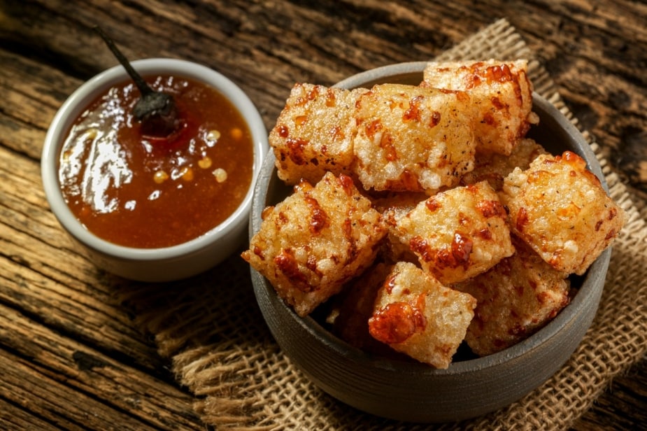 Porção de dadinho de tapioca, ao lado de pote com geleia de pimenta. Porção de dadinho de tapioca, ao lado de pote com geleia de pimenta.